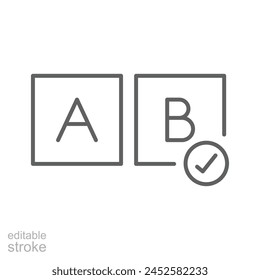 AB testing icon. Simple outline style. A, B, test, ab, split, hypothesis, choice, user, usability, business, technology concept. Thin line symbol. Vector illustration isolated. Editable stroke.