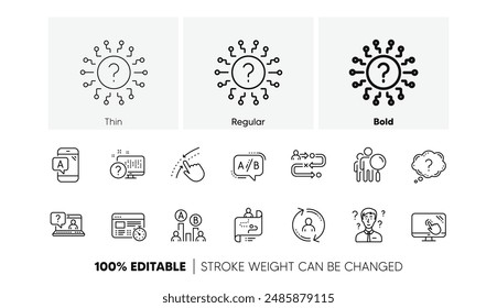 AB testing, Journey path map and Question mark. UX line icons. Quiz test linear icon set. Line icons set. Vector