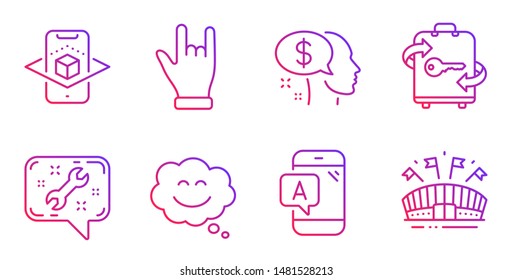Ab testing, Luggage and Augmented reality line icons set. Spanner, Smile chat and Pay signs. Horns hand, Sports arena symbols. Phone test, Baggage locker. Business set. Vector