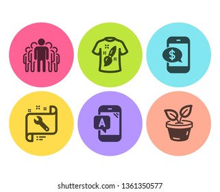 Ab testing, Phone payment and Spanner icons simple set. T-shirt design, Group and Leaves signs. Phone test, Mobile pay. Flat ab testing icon. Circle button. Vector