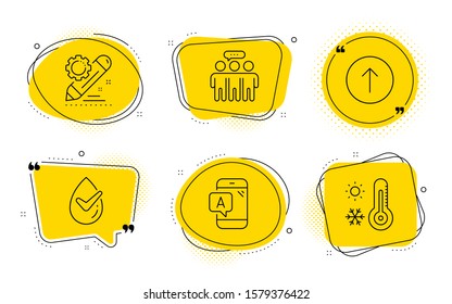 Ab testing, Project edit and Weather thermometer signs. Chat bubbles. Swipe up, Dermatologically tested and Employees group line icons set. Scroll screen, Organic, Collaboration. Phone test. Vector