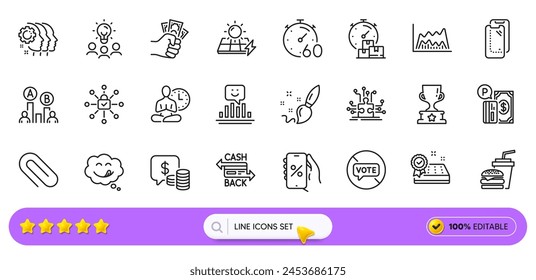 Ab-Testen, Puzzle-Optionen und Paper Clip-Liniensymbole für Web-App. Pack der Parkgebühren, Sicherheitsschloss, Matratzengarantie Piktogramm-Symbole. Solarpaneele, Mitarbeiter, Teamarbeit. Suchen Bar. Vektorgrafik
