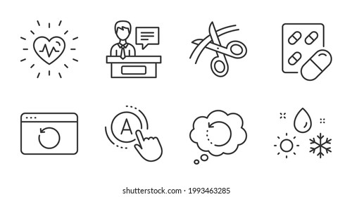 Ab testing, Recovery data and Scissors line icons set. Capsule pill, Exhibitors and Weather signs. Heartbeat, Recovery internet symbols. A test, Backup info, Cutting ribbon. Science set. Vector