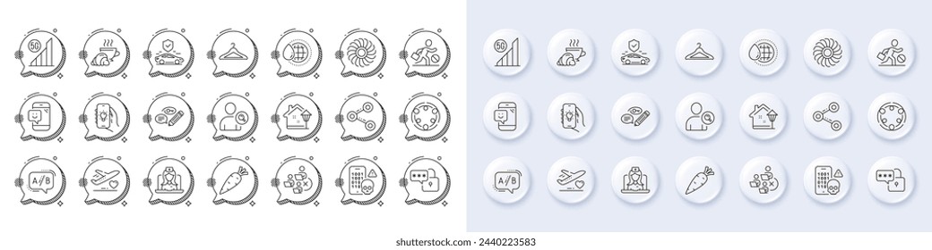 Ab Testen, Entfernen von Team- und medizinischen Flugliniensymbolen. Weiße Pin-3D-Tasten, Chatblasen-Symbole. Schlüsselwortpaket, Freigabe, Telemedizin-Symbol. Lächeln, Karotte, Schloss-Piktogramm. Vektor