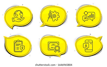 Ab testing sign. Diploma certificate, save planet chat bubbles. Seo statistics, Cogwheel dividers and Privacy policy line icons set. Analytics chart, Settings, Checklist. Phone test. Vector