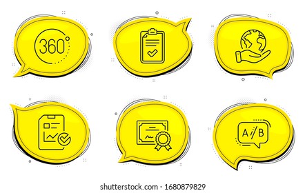 Ab testing sign. Diploma certificate, save planet chat bubbles. 360 degrees, Report checklist and Checklist line icons set. Full rotation, Sales growth file, Survey. Test chat. Business set. Vector