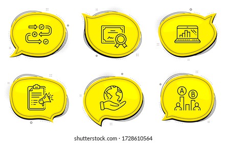 Ab testing sign. Diploma certificate, save planet chat bubbles. Graph laptop, Survey progress and Megaphone checklist line icons set. Mobile report, Algorithm, Brand check. Test chart. Vector