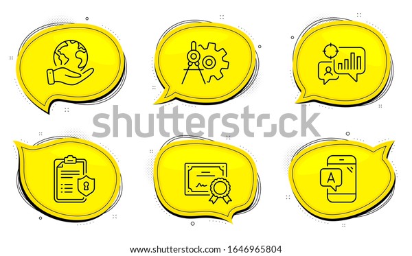 Ab testing sign. Diploma certificate, save planet
chat bubbles. Seo statistics, Cogwheel dividers and Privacy policy
line icons set. Analytics chart, Settings, Checklist. Phone test.
Vector