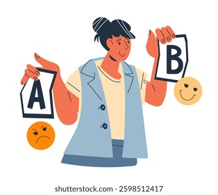 AB testing or split testing of mobile application or program, flat vector illustration isolated on white. AB test in digital marketing, data visualization and app optimization concept.