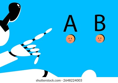 AB testing or split testing of mobile application or program. Test in digital marketing, data visualization and app optimization concept with AI Robot. Flat vector illustration.