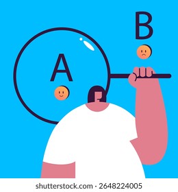 AB testing or split testing of mobile application or program with Girl. Test in digital marketing, data visualization and app optimization concept. Flat vector illustration.