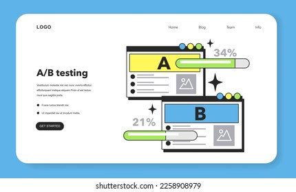 AB testing technique web banner or landing page. Software testing methodology. IT specialist searching for bugs in code. Website and application development. Flat vector illustration