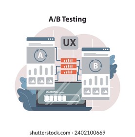 AB Testing UX concept. Dueling browser designs showcase variance in user experience strategy. Compare, analyze, and refine for optimal performance. Flat vector illustration