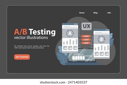 AB Testing UX concept. Dueling browser designs showcase variance in user experience strategy. Compare, analyze, and refine for optimal performance. Flat vector illustration