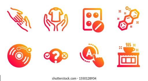 Ab testing, Vinyl record and Medical tablet line icons set. Quiz test, Helping hand and Chemical formula signs. Hold t-shirt, Coffee shop symbols. A test, Retro music. Business set. Vector