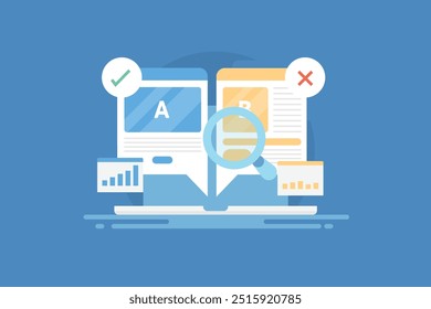 AB testing, Website landing page AB testing, Social media advertising AB testing, Analysis of AB testing - vector illustration background with icons