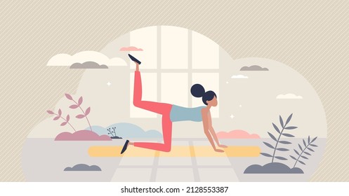 Ab workout exercise with body strength and stretching tiny person concept. Yoga muscle training and sport for flexible wellness vector illustration. Female and woman athlete with plank pose process.