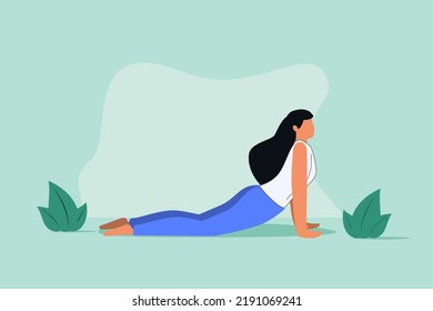 Ab workout exercise with body strength and stretching tiny person concept. Yoga muscle training and sport for flexible wellness vector illustration. Female and woman athlete with plank pose process.