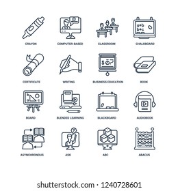 Abacus, Abc, Ask, Asynchronous Learning, Audiobook, Crayon, Certificate, Board, business education outline vector icons from 16 set