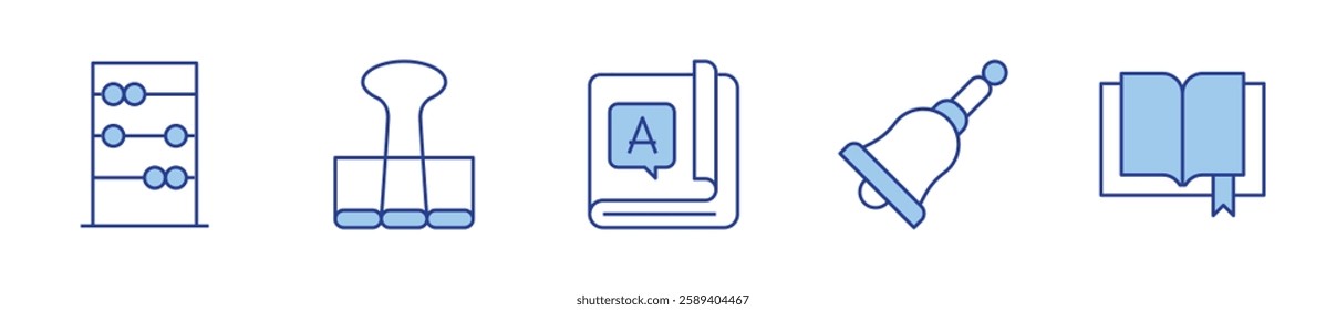 abacus, bell, binder, book. School Icon vector illustration. Line Duotone style. Editable stroke.