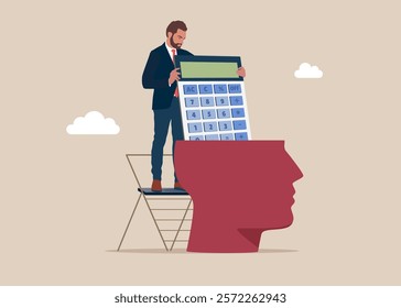 Abacus for calculations. Calculating with the brain. Interest, financial and mortgage rates. Budget management concept. Financial calculation of money. Tax time. Flat vector illustration