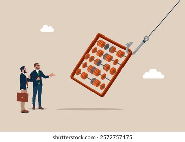 Abacus for calculations on fishing hook. Account fraud. Modern vector illustration in flat style