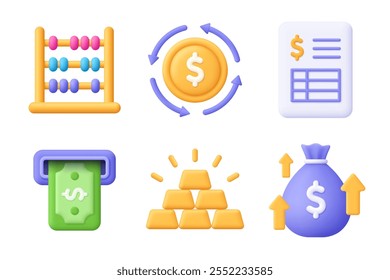 Ábaco, moeda, arquivo, nota, barra de ouro, saco de dinheiro. Conjunto de ícones de vetor 3d Finanças. Estilo mínimo de desenho animado.