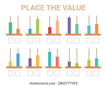 Abacus count game. Children arithmetic game template. Count number of beads and write number. Toddler kindergarten development sapid vector element