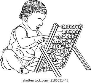 Abacus game logo, Abacus Vector, Sketch drawing of kid playing abacus game, Line art illustration of child playing abacus color game, 