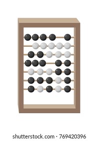 Abacus with grey wooden frame and movable black-and-white beads isolated vector illustration on white. Cartoon style calculating tool