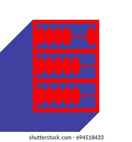 Abacus icon. Vector. Red flat style icon with dark blue long shadow on white background.