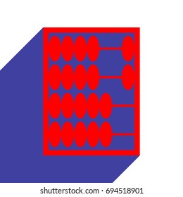 Abacus icon. Vector. Red flat style icon with dark blue long shadow on white background.