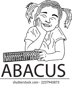 Abacus logo, Kid girl holding abacus count sketch drawing, little girl using abacus count vector illustration, Abacus monogram or emblem