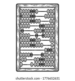 Abacus mechanical device. Sketch scratch board imitation. Black and white. Engraving vector illustration.