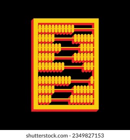 Abacus-Zeichen. 3D-extrudiertes gelbes Symbol mit roten Seiten auf schwarzem Hintergrund. Illustration.