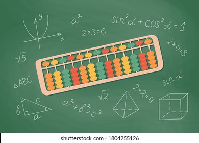 Abacus soroban for learning mental arithmetic for kids. Concept of illustration of the Japanese system of mental math. Hand drawn vector illustration on school chalkboard background