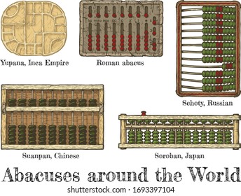 Abacuses Around The World. Vector Hand Drawn Illustration Of The Different Abaci. Yupana – Inca Empire, Roman Abacus, Schoty – Russian, Suanpan – Chinese And Soroban – Japan.