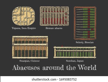 Abacuses around the world. Vector hand drawn illustration of the different abaci. Yupana – Inca Empire, Roman abacus, Schoty – Russian, Suanpan – Chinese and Soroban – Japan.