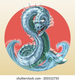 Abaia - fantastic fierce sea serpent or ocean dragon, symbol of water in japanese style 