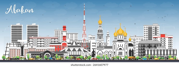 Abakan Russia city skyline with color buildings and blue sky. Vector illustration. Abakan cityscape with landmarks. Business travel and tourism concept with modern and historic architecture.