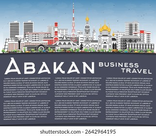 Abakan Rússia horizonte da cidade com edifícios coloridos, céu azul e espaço de cópia. Ilustração vetorial. Paisagem urbana de Abakan com pontos de referência. Viagens de negócios, conceito de turismo com arquitetura moderna e histórica.