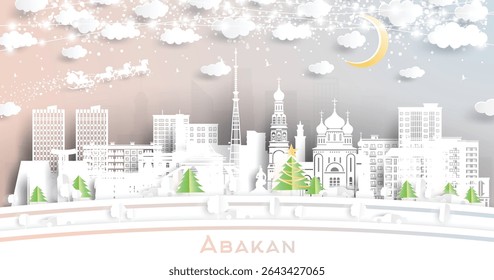 Abakan. Russia. Winter city skyline in paper cut style with snowflakes, moon and neon garland. Christmas and new year. Santa Claus on sleigh. Abakan cityscape with landmarks. Vector illustration.