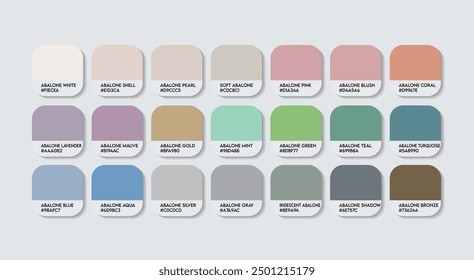 Abalone Color Palette, Abalone Color Guide Palette with Color Names. Catalog Samples of Metal colors with RGB HEX codes. cladding sheet colors Palette Vector, Fashion Trend Dark Pastel Color Palette