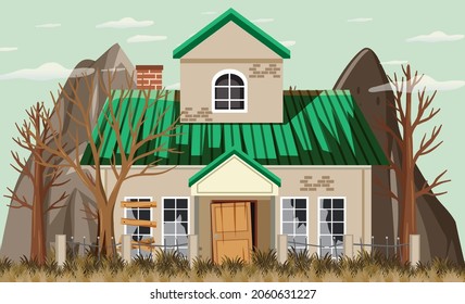 Abandonar ciudad rural vacía con vieja ilustración de fondo de casa rota
