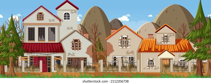 Abandon empty rutal town with old broken house background illustration