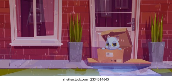 Abandon stray cat in box near house illustration. Dirty and sad waiting pet near closed front door and rain weather. Suburban red brick building facade with window, closed entry and water puddle.