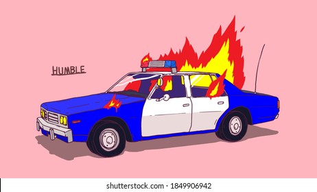 Abandon vintage police car on fire isolated on pastel pink background, rage, society, police and people payback concept illustration, tint saturaion pastel color