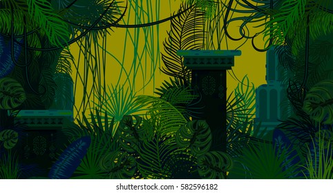 Abandoned ancient jungle nature background. Dark green and blue palm leaves, tree branches and mayan ruins vector.