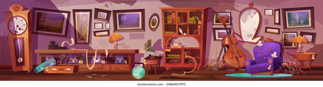 Verlassenes Interieur eines Antiquitätenladens. Vektorgrafik-Cartoon-Illustration des zerstörten Zimmers mit alten rissigen Möbeln, zerbrochenem Spiegel, staubiges Spinnennetz auf Vintage-Uhr, Lampe, Sessel, Bücherregal, Retro-Plattenspieler