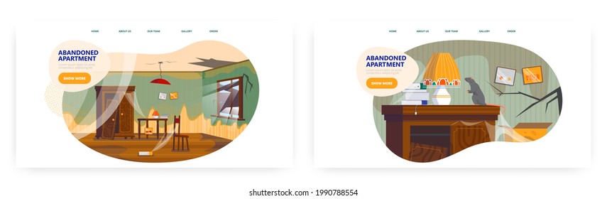 Abandoned Apartment Landing Page Design, Website Banner Vector Template Set. Empty Dirty Living Room Broken Window, Wall